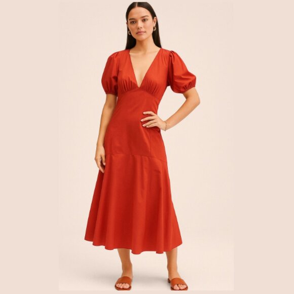 NWT ABERCROMBIE & FITCH Puff Sleeve Slim Poplin Midi Dress V-Neck Red Women's XS - Picture 1 of 16